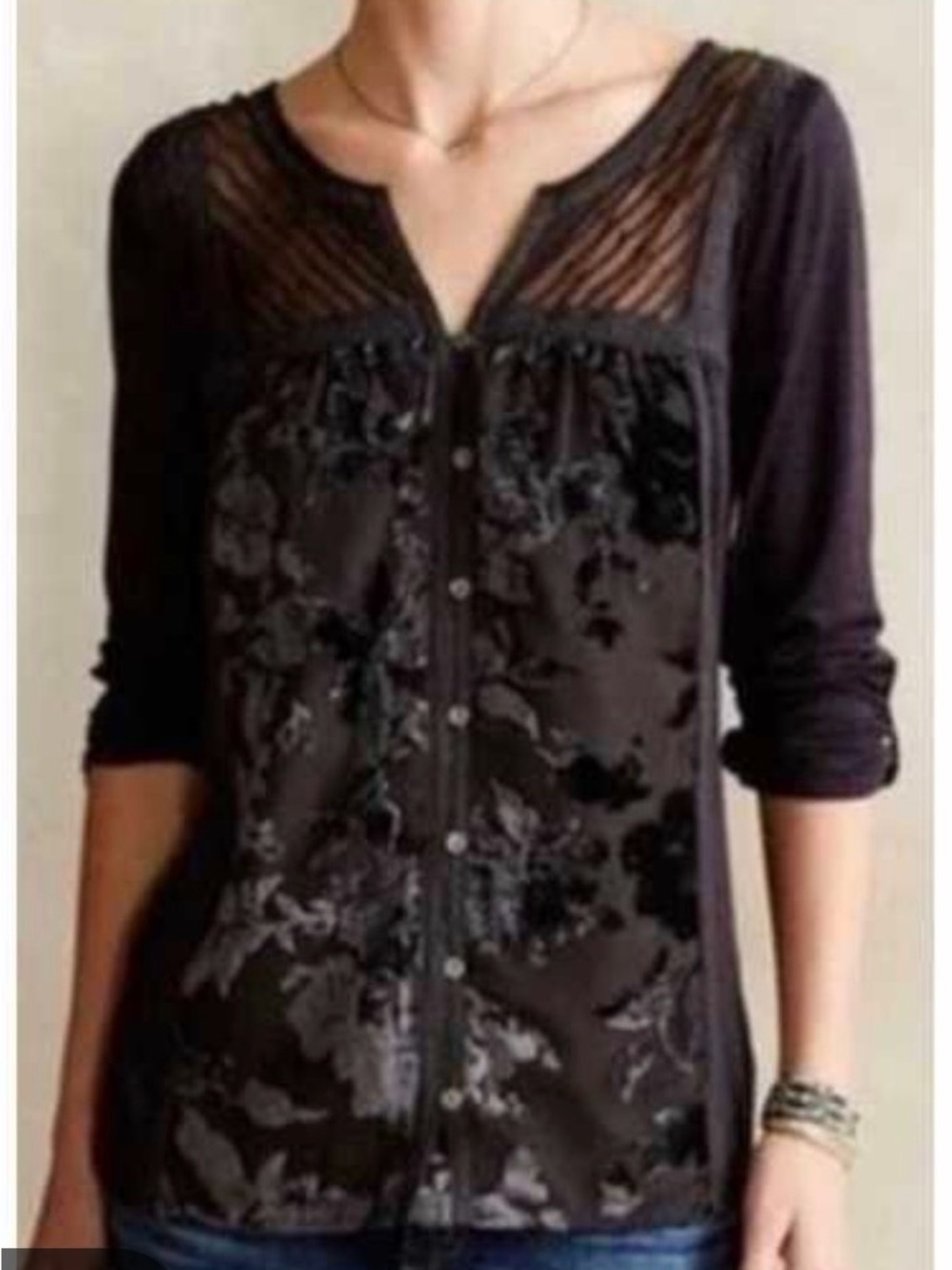 Meadow Rue Tavia Velvet Mix Top Charcoal Gray Lace Floral Anthropologie Size L